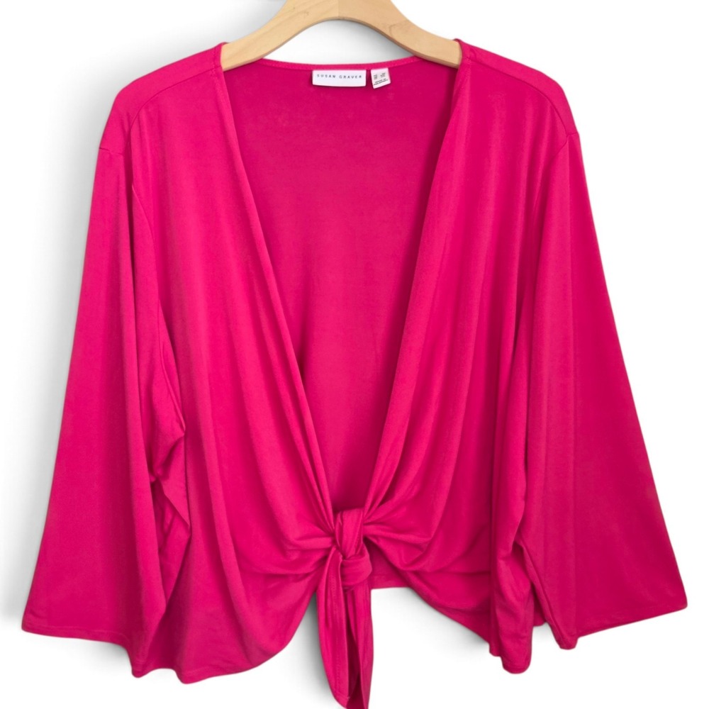 Susan Graver Cardigan Womens Plus 3X Plus Liquid Knit Hot Pink Tie Shrug Bolero